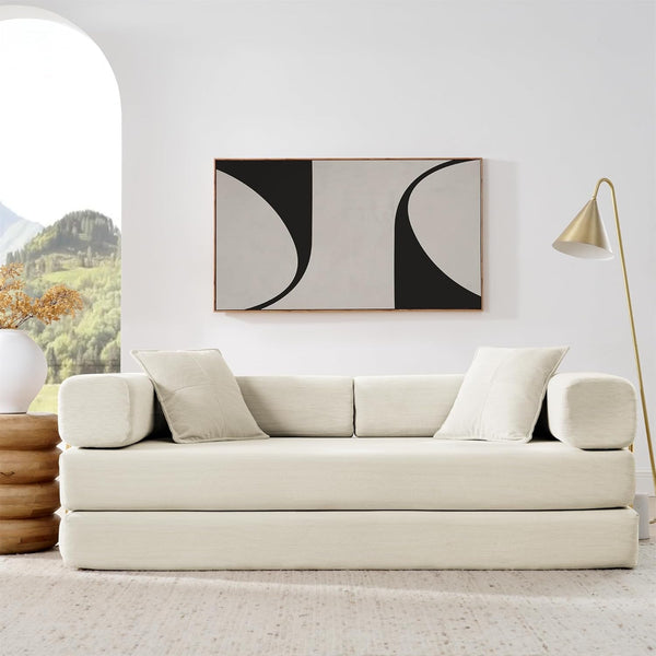4-In-1 Folding Convertible Sofa Bed, 78 Inch Boneless Couch with Fixed-Shape Frame, Corduroy Loveseat Sleeper with Pull Out Bed, Floor Sofa Modular Futon Couch for Living Room Bedroom Lounge (Beige)6