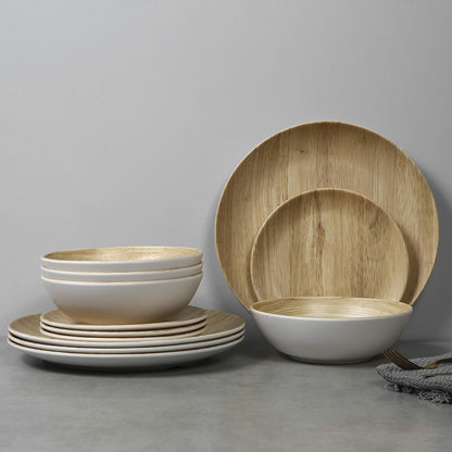 Melamine Dinnerware Set - 12Pcs Dinnerware Set Indoor and Outdoor Use, Bamboo Pattern Dishes Dinnerware Set for 4,Dishwasher Safe (Wood Grain)1