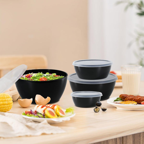 4-Piece Classic Plastic Prep Bowls with Lids, Nesting Plastic Small Mixing Bowl Set for Mixing, Baking, Prepping, Cooking and Serving Food, Microwave and Dishwasher Safe (Black)6