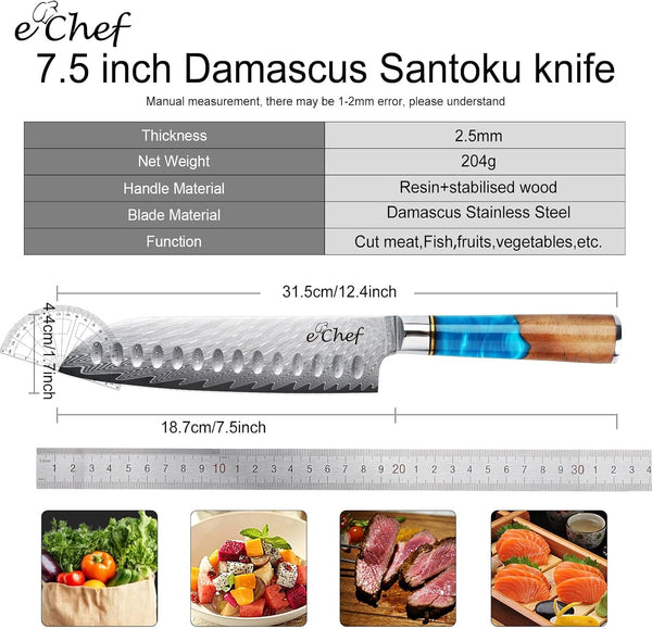 7-Inch Santoku Knife, Professional Damascus VG10 Steel Kitchen Chef Knife, Wood Grain Resin Handle, Comes with Gift Box (7.5-Inch Santoku Knife)6
