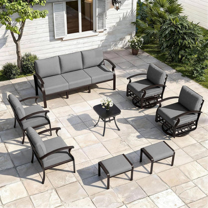 Aluminum Patio Furniture Set with 2 Swivel Chairs 9-Seat Metal Outdoor Furniture Patio Sectional Sofas Patio Conversation Set W/2 Ottomans for Patio, Backyard, Poolside-Grey1