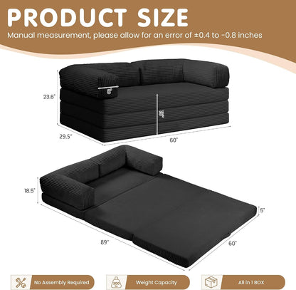 Convertible Sofa Bed Queen,5-In-1 Tri-Fold Boneless Couch with Removable Armrests & Handle,Corduroy Futon Sleeper Sofa,Floor Folding Mattress Pull Out Bed for Small Space Living Room Bedroom,Black2