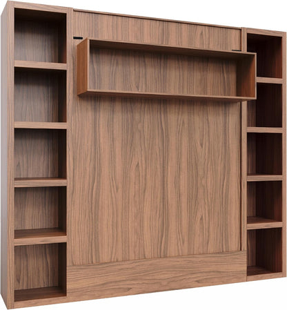 Easy-Lift Queen Murphy Wall Bed in Brown Wood Grain with Two Bookshelves5