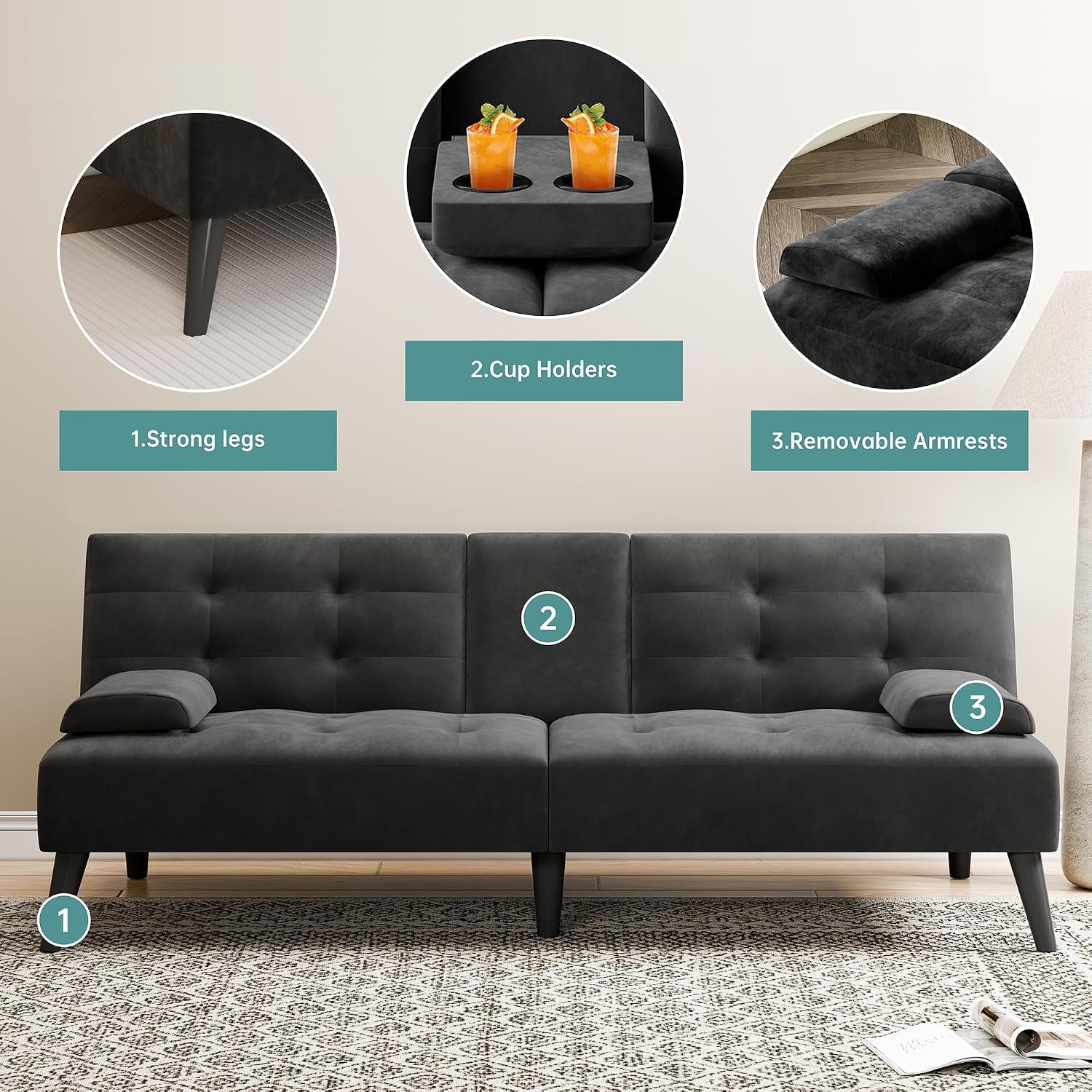 64-futon-sofa-bed-loveseat-2-cup-holders-black