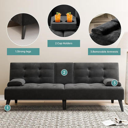 64" Futon Sofa Bed, Loveseat, 2 Cup Holders, Black4