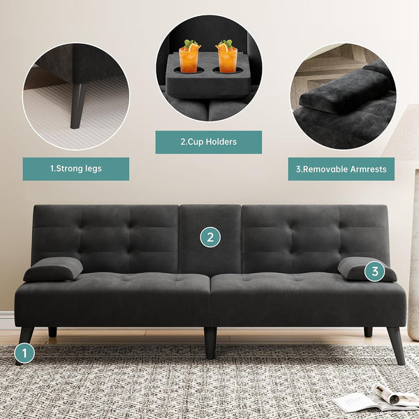 64" Futon Sofa Bed, Loveseat, 2 Cup Holders, Black4