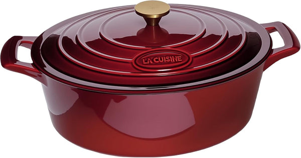 La Cuisine Enameled Cast Iron Oval Dutch Oven Casserole Dish Pot with Lid 5 QT Internal Matt Black Enamel Coating, Cranberry, Gold-Plated Stainless Steel Lid Handle, Oven Safe1