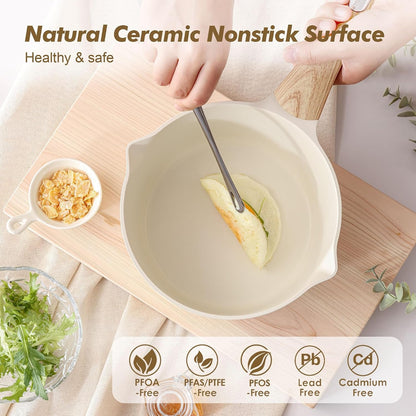 Ceramic Nonstick Sauce Pan with Lid, 1.5 Quart Small Saucepan, White Cooking Pot with Stay Cool Handle, Non Toxic Kitchen Sauce Pot, Non Stick Saucier Pan, Induction Pot, PFOA PTFE PFAS Free2