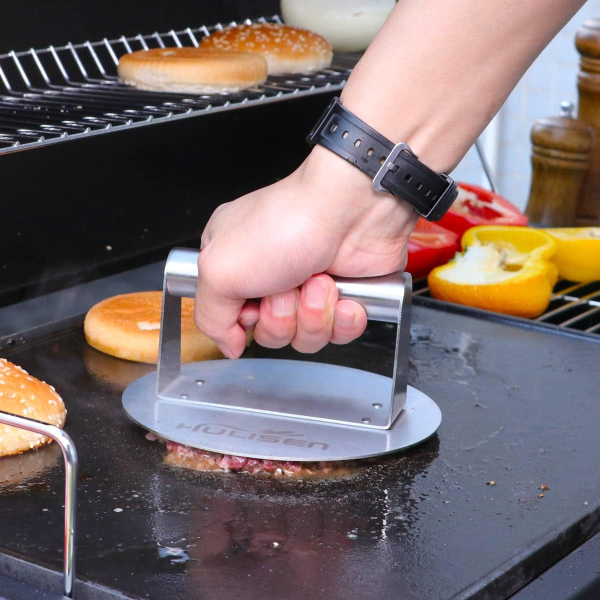 stainless-steel-burger-press-6-2-inch-round-burger-smasher-flat-edge-even-pressure-for-thin-patties-dishwasher-safe-griddle-accessories-fit-flat-top-griddles-skillets