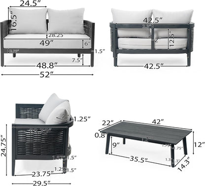 Peron Patio 4-Seater Conversation Set, Sofa/Loveseat, 2 Club Chairs, Coffee Table, Cushion+Back Pillows, Acacia Wood+Wicker, Garden, Backyard, Poolside, Black + Light Grey7