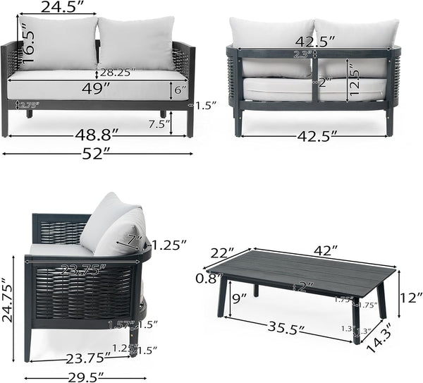 Peron Patio 4-Seater Conversation Set, Sofa/Loveseat, 2 Club Chairs, Coffee Table, Cushion+Back Pillows, Acacia Wood+Wicker, Garden, Backyard, Poolside, Black + Light Grey7