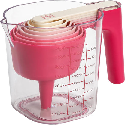 9-Piece Measuring Set, Durable Plastic Measuring Cups and Spoons with Funnel and Leveler, Dishwasher Safe, Pink1