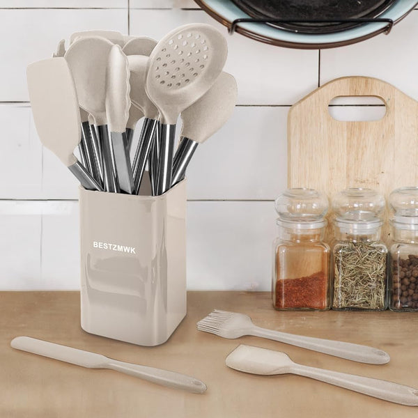 Kitchen Utensil Set-Silicone Cooking Utensils-33 Kitchen Gadgets & Spoons for Nonstick Cookware-Silicone and Stainless Steel Spatula Set-Best Kitchen Tools, Useful Pots (Khaki)3