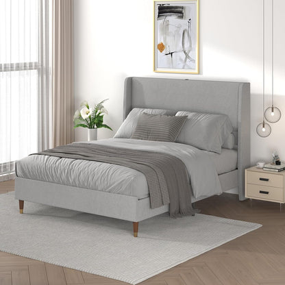 Queen Bed Frame with Upholstered Linen Headboard, Platform Bed with USB Charging Ports, Sturdy Metal Frame, No Box Spring Required, Quiet Noise-Free Modern Bedroom Furniture, Grey1