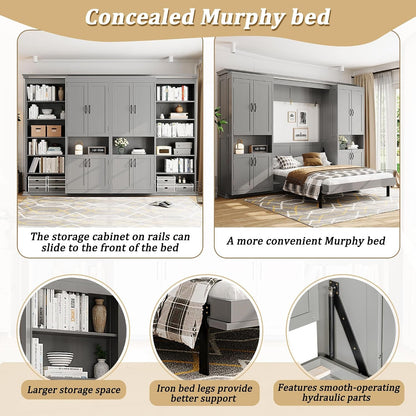 Murphy Bed with Dual Sliding Storage Cabinets, Hidden Wall Cabinet Design, Dual 6-Tier Side Shelves, Large-Capacity Space-Saving Wall Bed System for Modern Homes & Multifunctional Rooms, Full, Gray6