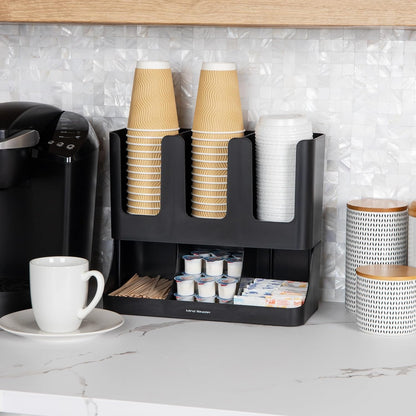 Condiment Station, 13 Inch Countertop Coffee Bar Organizer with 6 Compartments, Storage Caddy for Cups, Lids and Packets, Plastic, Black2