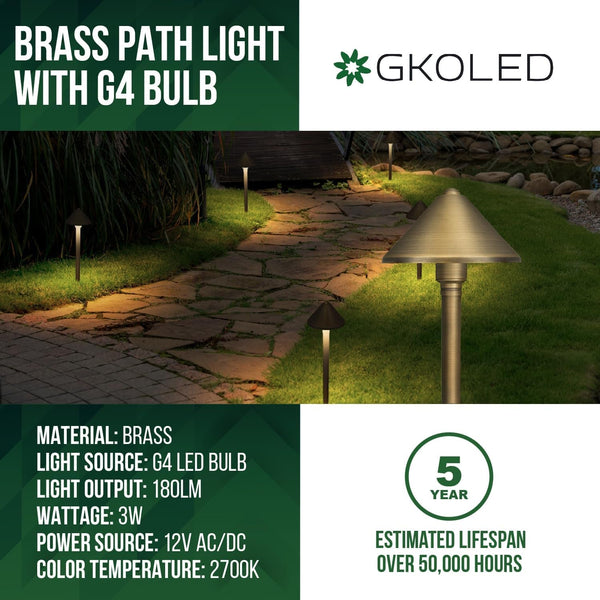 Solid Brass Landscape Path Lights (5" Shade, 20" Tall), Low Voltage LED 3W 12-24V AC/DC Conehead Path Lighting, 2700K Outdoor Waterproof Walkway Light, with Stake and G4 Bulb, 2 Pack2