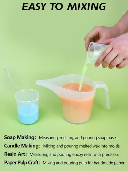 Funnel Pitcher Set - 4 Pack, 1000Ml Plastic Measuring Pitchers with Funnels, 4 Stirring Rods, and 15 Small Measuring Cups for Soap Making, Resin Casting, Baking, and DIY Crafts8