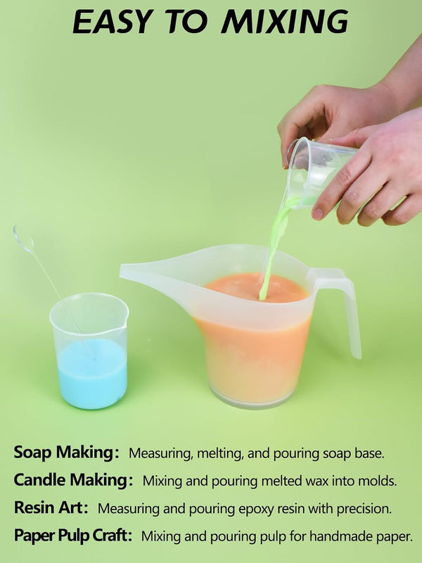 Funnel Pitcher Set - 4 Pack, 1000Ml Plastic Measuring Pitchers with Funnels, 4 Stirring Rods, and 15 Small Measuring Cups for Soap Making, Resin Casting, Baking, and DIY Crafts8
