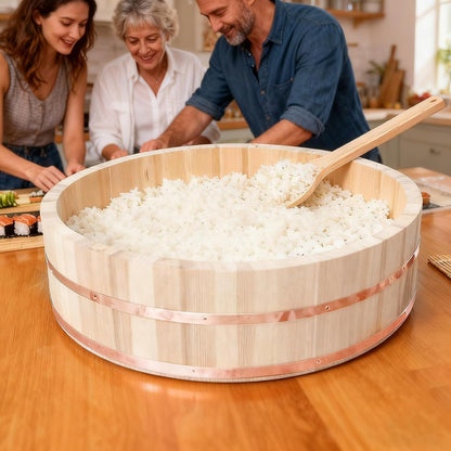 Professional Japanese Hangiri Sushi Rice Mixing Tub Set - Wooden Oke Bowl with Paddle & Makisu, Authentic Sushi Making Kit for Home & Restaurant (4 Sizes) (14.2' Inch)6
