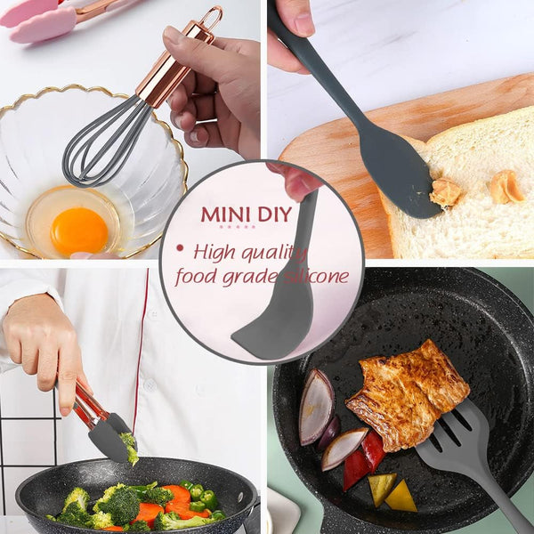 Rose Gold and Grey Mini Kitchen Utensil Small Five-Piece Set Tiny Silicone Kids Kitchen Tools Whisk Spatula Tongs Spoon and Slotted Spatula for Cooking(Kids Baking Supplies) Grey5