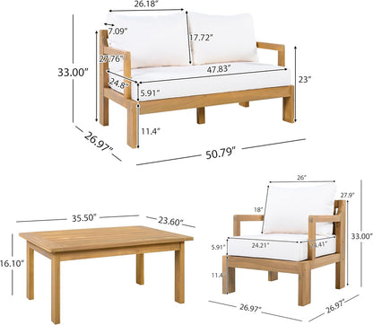 Bayah 4 Piece Patio Furniture Set with Removable Cushion, Acacia Wood Outdoor Sectional Sofa Set with Coffee Table, 4 Seater Outdoor Conversation Set, Beige+Natural4
