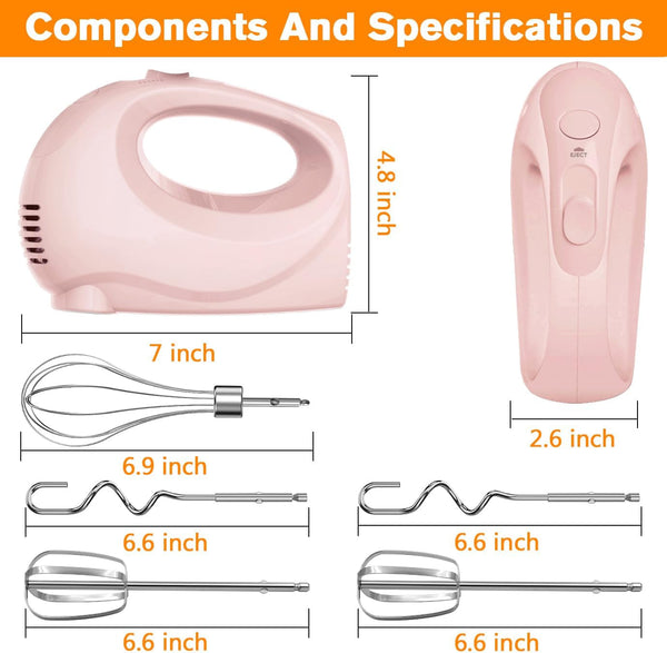 Electric Hand Mixer with 5 Stainless Steel Whisks,5 Speed,Pink | Portable Kitchen Mixer Electric Whisk, Food Beater for Whipping Mixing Cookies3
