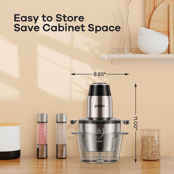 Food Processors with 2 Bowls, 450W Meat Grinder Vegetable Chopper | 2-Speed Electric Food Chopper with 8 Cup Glass & 8 Cup Stainless Steel Bowls -Includes 2 Sets of Blades for Fruits/Meat/Nuts7