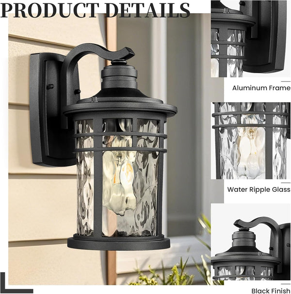Exterior Lighting Fixture 12 Inch Outdoor Wall Lights Modern Porch Light with Water Ripple Glass Black Finish E26 Socket 2-Pack4