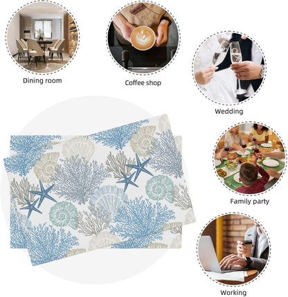 Blue Nautical Placemats Set of 4 Summer Starfish Seashell Coral Table Place Mat Non-Slip Heat Resistant Linen Beach Coastal Place Mats for Home Kitchen Dining Table, 12"X18"4