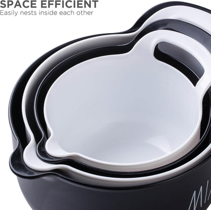 Non-Slip Mixing Bowls - 4 Piece Nesting Plastic Mixing Bowl Set with Pour Spouts and Handles-Measurement Markings (Black)6