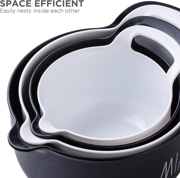 Non-Slip Mixing Bowls - 4 Piece Nesting Plastic Mixing Bowl Set with Pour Spouts and Handles-Measurement Markings (Black)6
