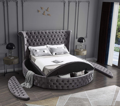 Meridian Furniture Luxus Collection Modern Contemporary round Shaped Velvet Upholstered Bed with Deep Button Tufting and Footboard Storage, King, Grey9