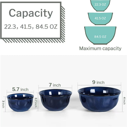 Ceramic Mixing Serving Bowl Set: Nesting Stoneware Kitchen Decorative Large Bowls for Prepping, Baking – Microwave Oven Dishwasher Safe – 9/7/5.7 Inch, Set of 3 (Blue)2