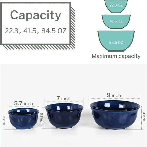 Ceramic Mixing Serving Bowl Set: Nesting Stoneware Kitchen Decorative Large Bowls for Prepping, Baking – Microwave Oven Dishwasher Safe – 9/7/5.7 Inch, Set of 3 (Blue)2