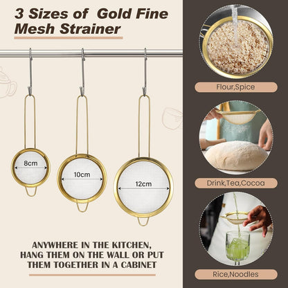 7 Pcs Gold Kitchen Accessories Includes Stainless Steel Colander with Handles, 3 Gold Mixing Bowls with Airtight Lids and 3 Fine Mesh Strainer (Colander: 4 Qt, Mixing Bowls: 1/1.5/2 Qt)3