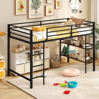 Low Loft Bed Twin Size, Heavy Duty Metal Frame W/Storage Shelves, Ladder & Full-Length Guardrails, Ample Under-Bed Space, Kids Loft Bed with Stairs for Boys Girls Junior, No Box Spring Needed1