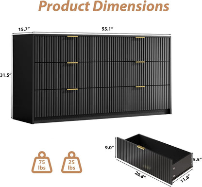 Black 6 Drawer Dresser for Bedroom, 55" Wide Modern Chest of Drawers with Gold Metal Handles, Fluted Wood TV Stand for Living Room, Hallway2