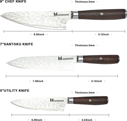 Kitchen Knife Set, Japanese 8”7”Chef Knife Set Professional Wenge | 3 Piece, 5 Inch Utility Knife, Butcher Knife, Paring, Santoku, Sharp Knife, German High Carbon Stainless Steel, No Block, 8In2