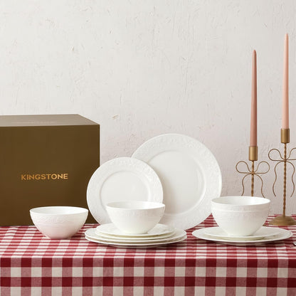 24Pcs Vintage Relief White Bone China Set, Service for 89