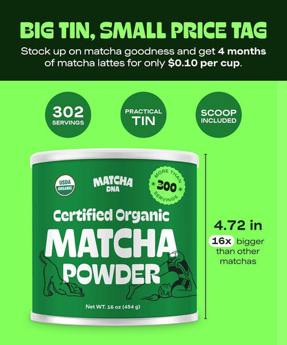Organic Matcha Powder - XXL 16Oz TIN – Matcha Green Tea - USDA Organic Gluten-Free Vegan, Unsweetened No Additives - Everyday Green Macha Powder Tea for Lattes, Smoothies, Baking & Recipes4