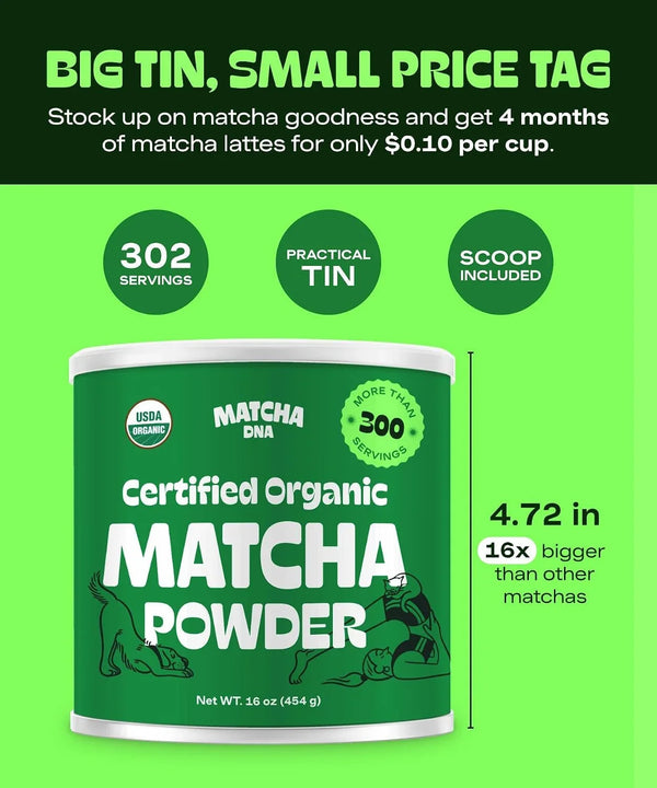 Organic Matcha Powder - XXL 16Oz TIN – Matcha Green Tea - USDA Organic Gluten-Free Vegan, Unsweetened No Additives - Everyday Green Macha Powder Tea for Lattes, Smoothies, Baking & Recipes4