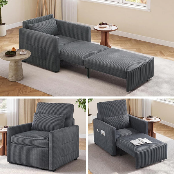 3 in 1 Pull Out Sleeper Chair, 75.2” Corduroy Single Sofa, Dark Gray1