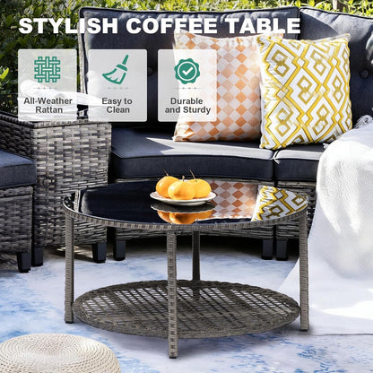 9-Piece Half-Moon Curved Outdoor Patio Furniture Set, Sectional Conversation Sofa with Wood Armrests, Coffee & Side Tables for Backyard Deck Garden, Grey6