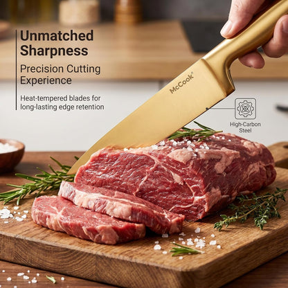 Knife Set Gold Kitchen Knife Block Set W Built-In Sharpener | German Forged Stainless Steel,15 Pc,Razor Sharp,Anti-Rust, Ergonomic Handles,Full Tang,Elegant Gold, Gift Box5