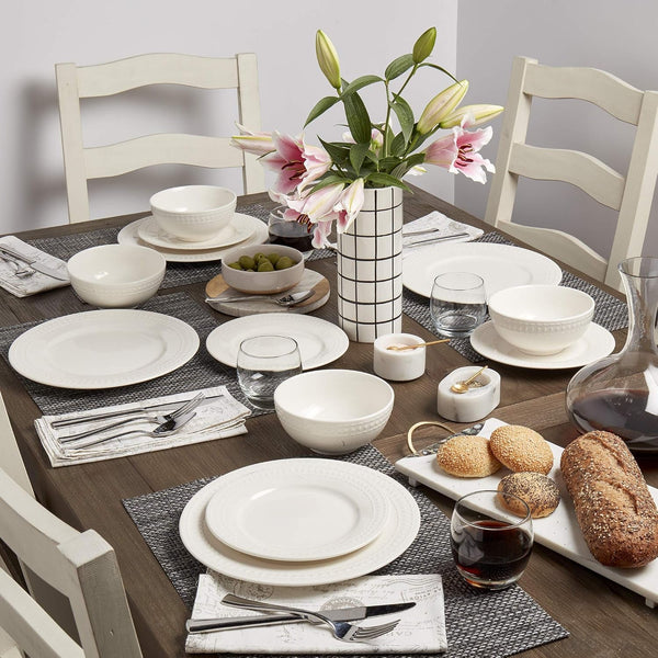 Tabletops Gallery Embossed White Porcelain round Dinnerware - Bloom 12 Piece Dinnerware Set4