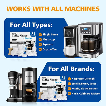 Coffee Machine Cleaner Descaler Tablets 34 Pack, Coffee Maker Cleaner for Keurig, Ninja, Breville, Delonghi, Nespresso, Miele,Espresso Machine Cleaning Tabs,Descaling Solution for Coffee Pot Maker6