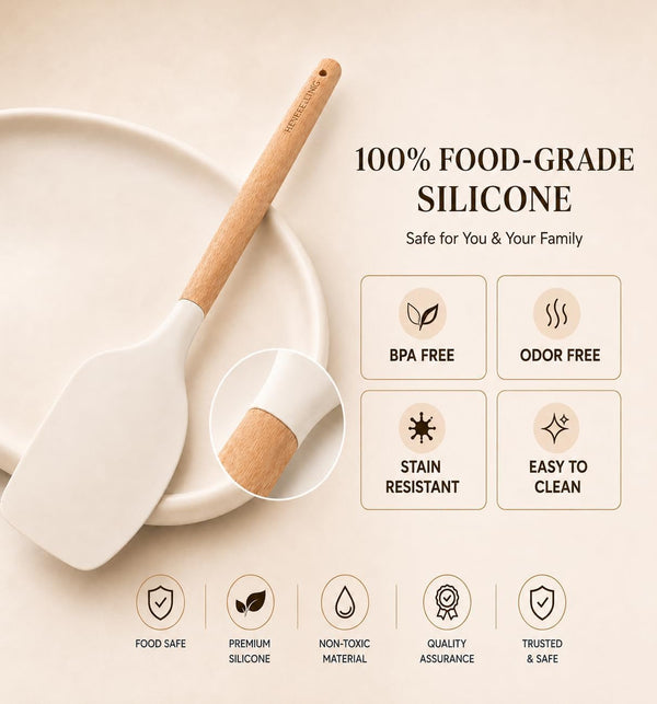 Silicone 10 Pcs Kitchen Cooking Utensils Set, Recycled Materials Certification, BPA Free Spatula Set with Heat Resistant Wood Handles for Nonstick Cookware, Cream White9