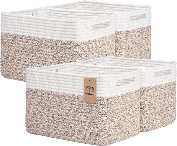 Storage Baskets for Organizing, 4 Pack Baskets for Shelves, Decorative Storage Bins for Shelves, Cotton Rope Storage Basket with Handles, Woven Basket for Storage, 13''Lx8.7''Wx7.9''H, White & Brown1