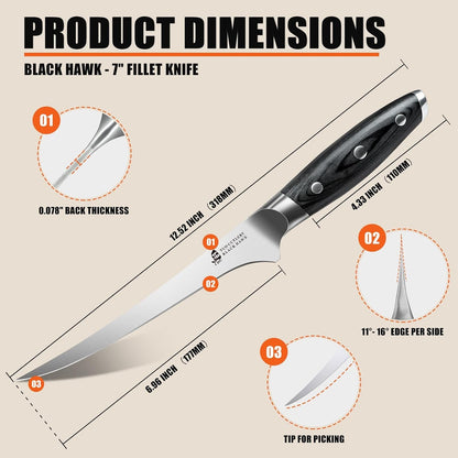 Fillet Knife, 7 Inch Professional Fish Boning Knife for Trimming Meat & Poultry, Flexible Blade, High Carbon German Steel, Full Tang Handle - Black Hawk Series3
